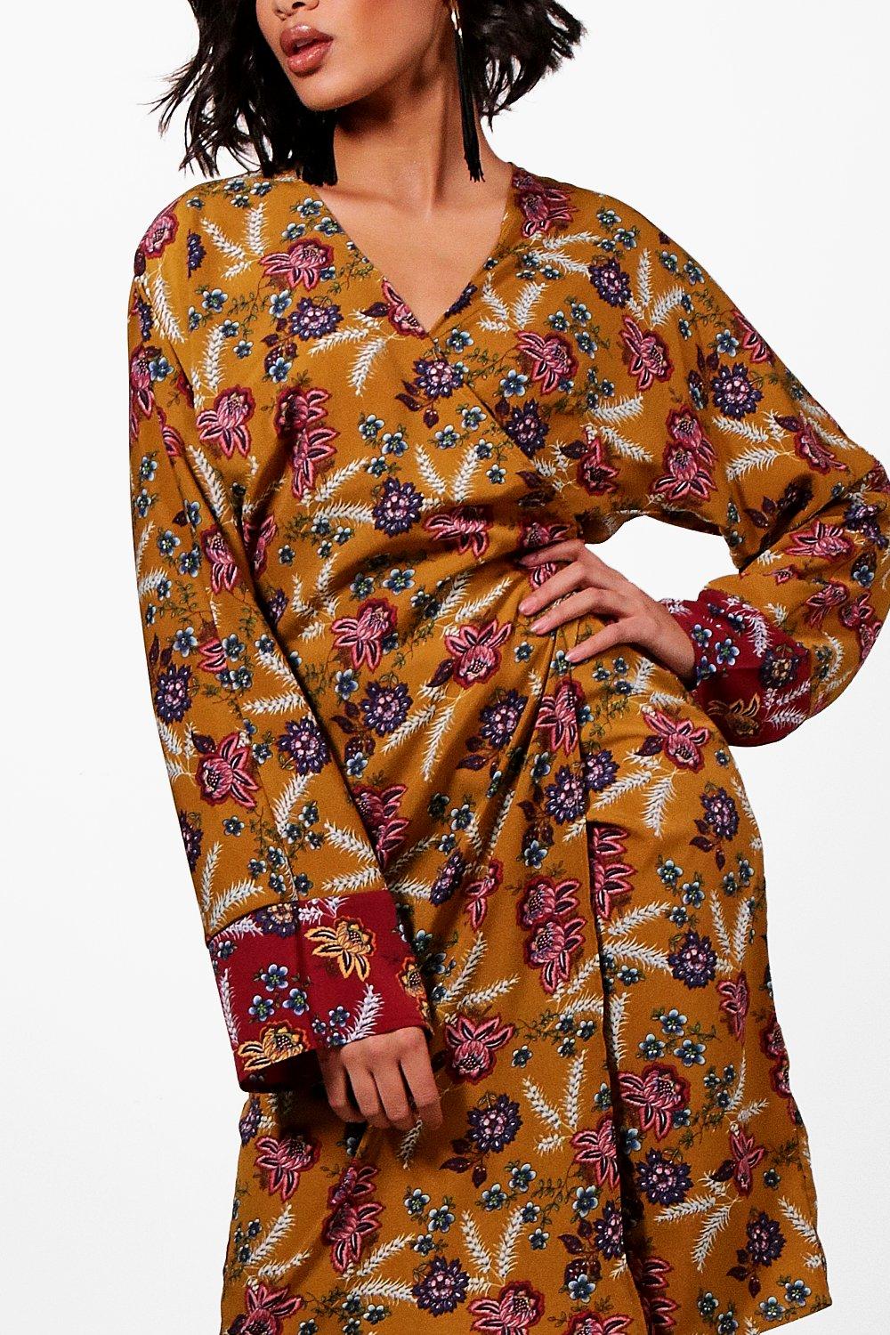 Tall Floral Print Kimono Wrap Dress boohoo NO