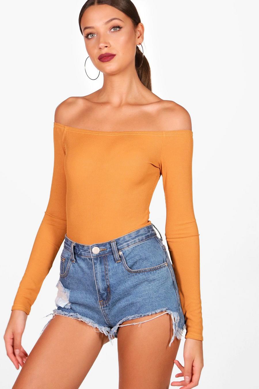 Tall Rib Off The Shoulder Bodysuit, Mustard image number 1