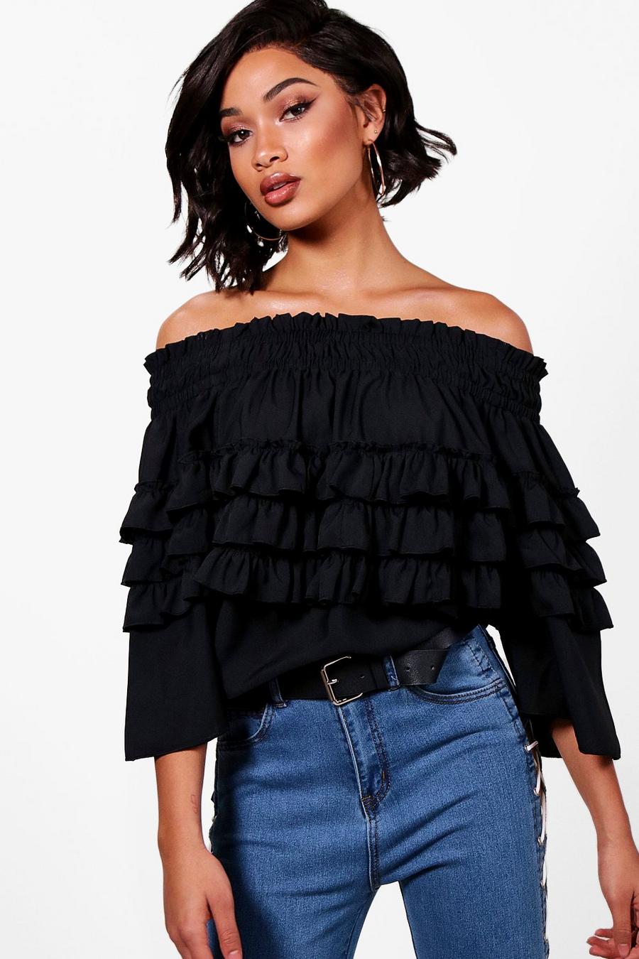 Black Tall Micro Ruffle Off The Shoulder Top image number 1