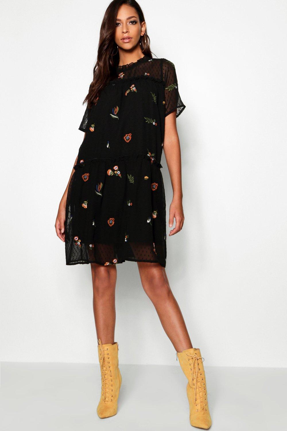 embroidered smock dress