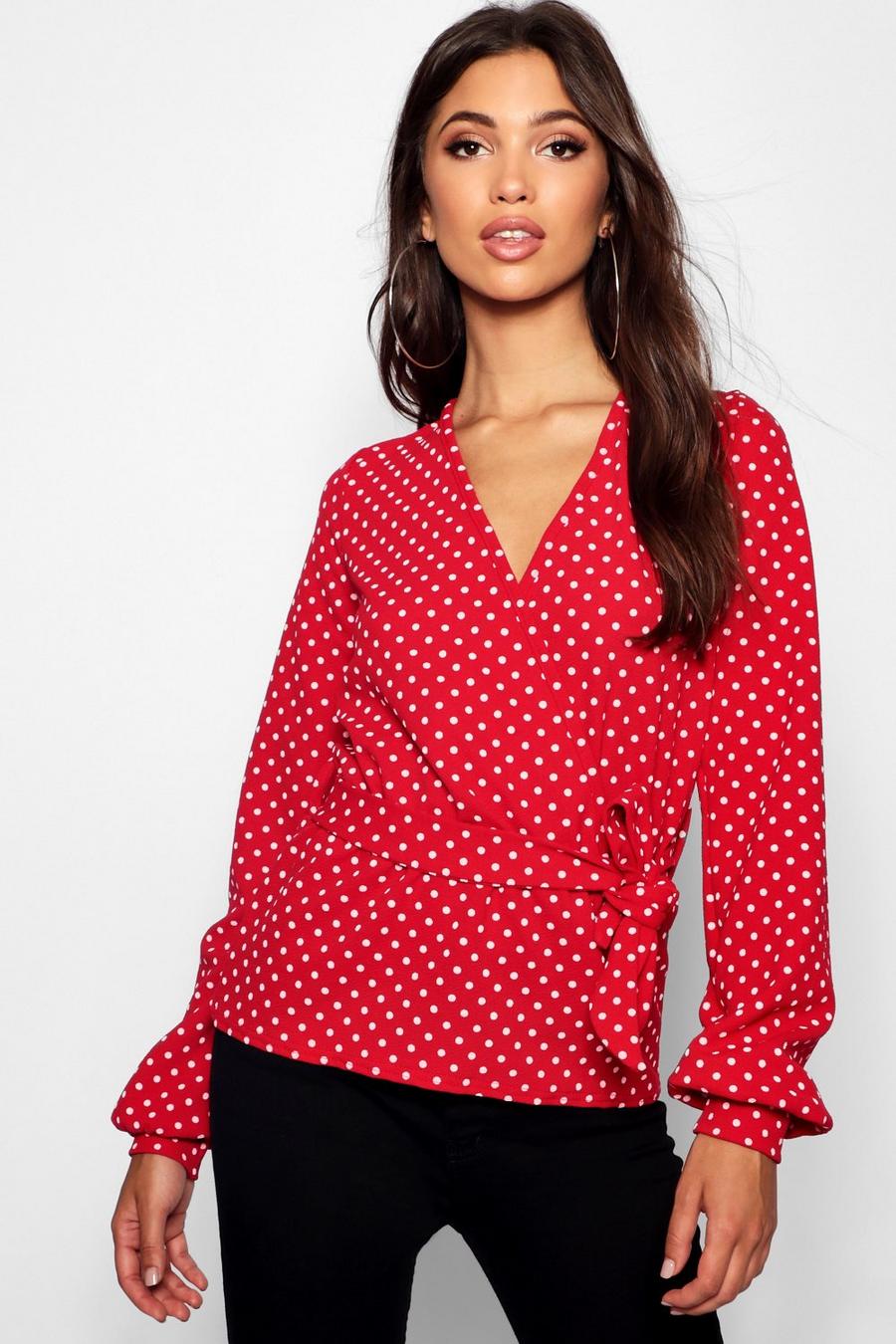 Top Tall a pois incrociato davanti, Red image number 1