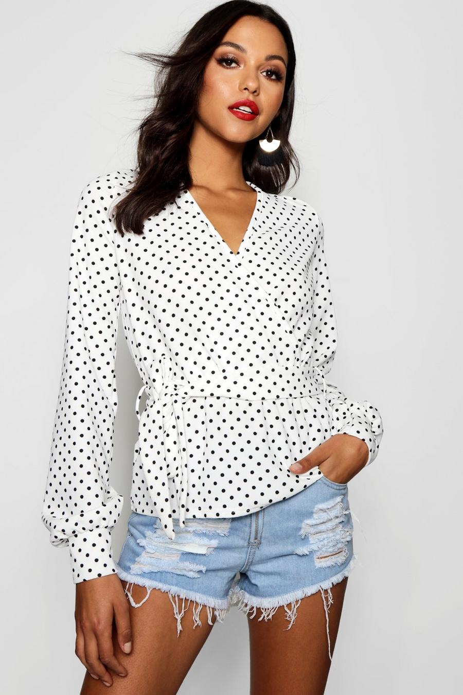 White Tall Polka Dot Print Wrap Front Top image number 1