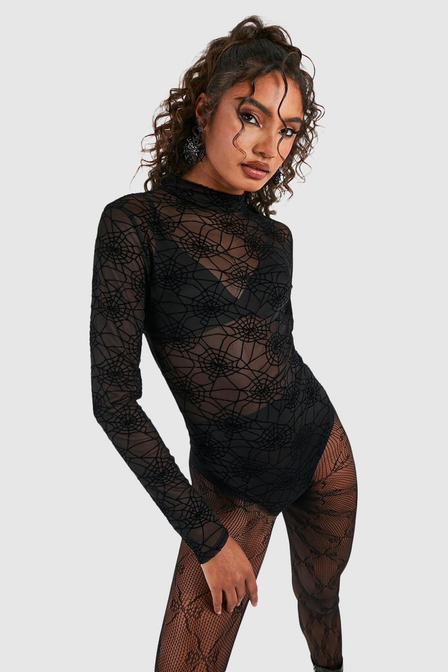 שחור nero בגד גוף מבד רשת בעיצוב קורי עכביש להאלווין 'מייסי' לנשים גבוהות