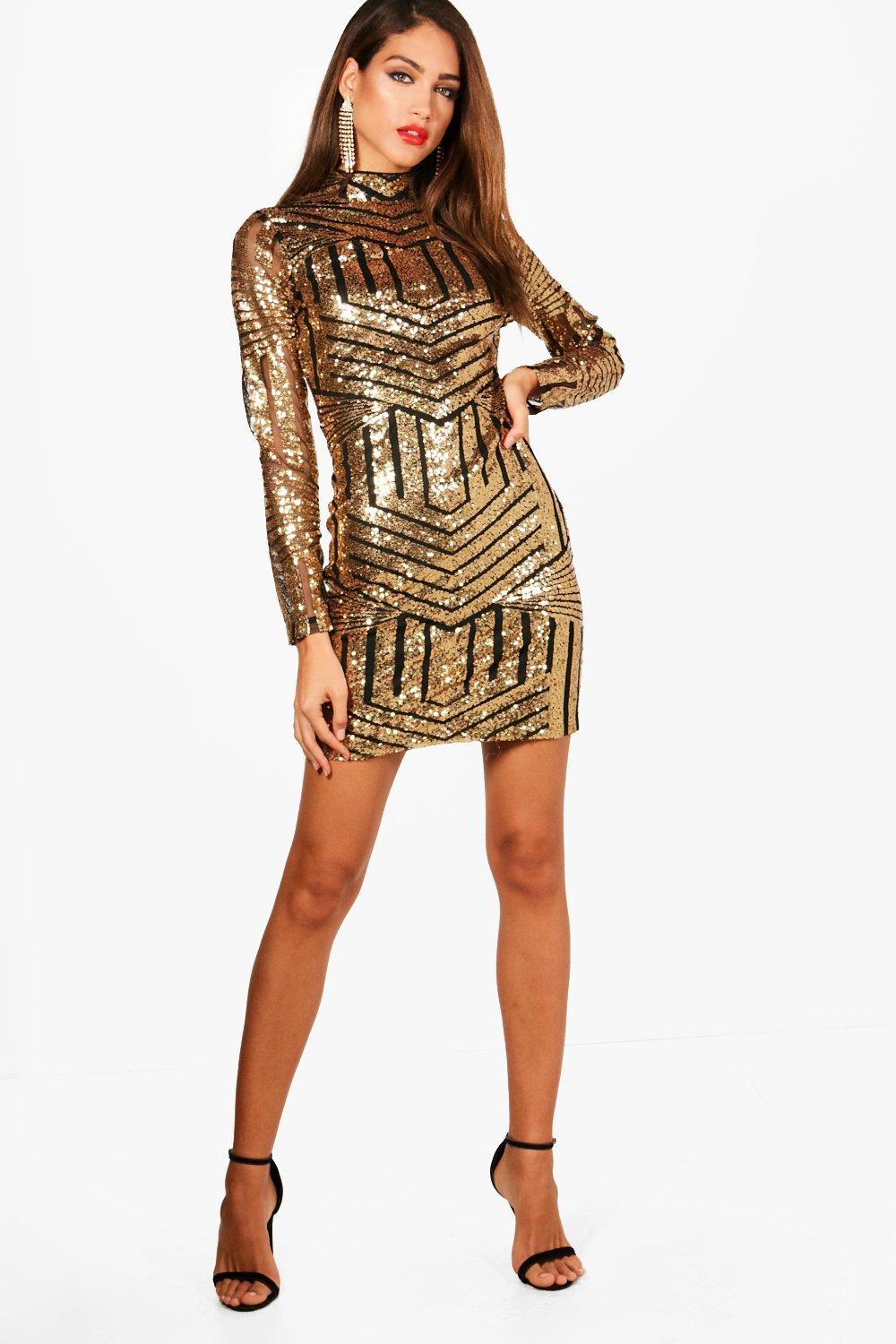 gold sequin dress boohoo