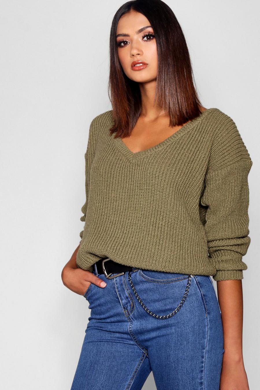 Khaki Tall Oversized V Front Sweater image number 1