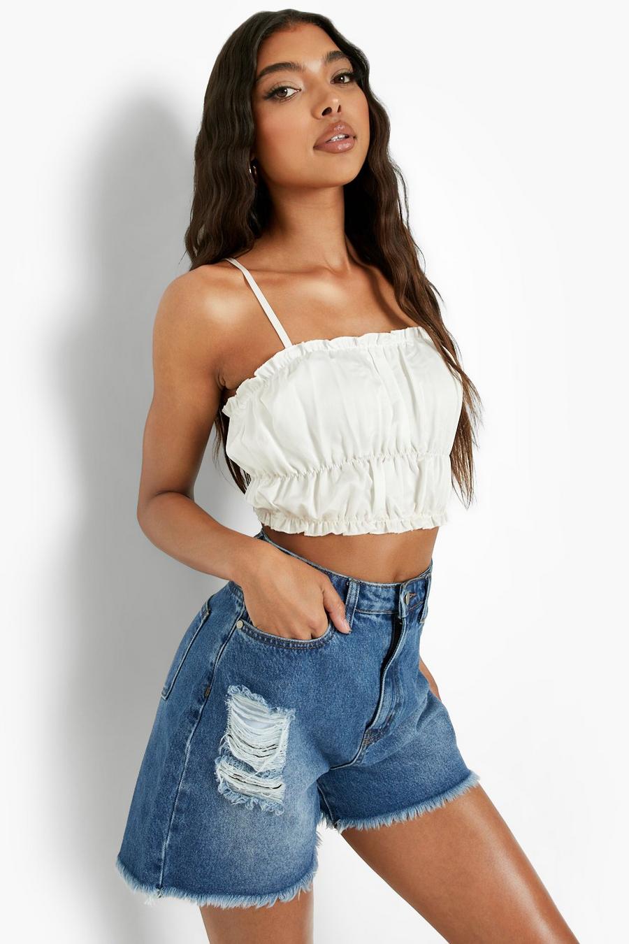 Mid blue Tall Distressed Frayed Jean Shorts