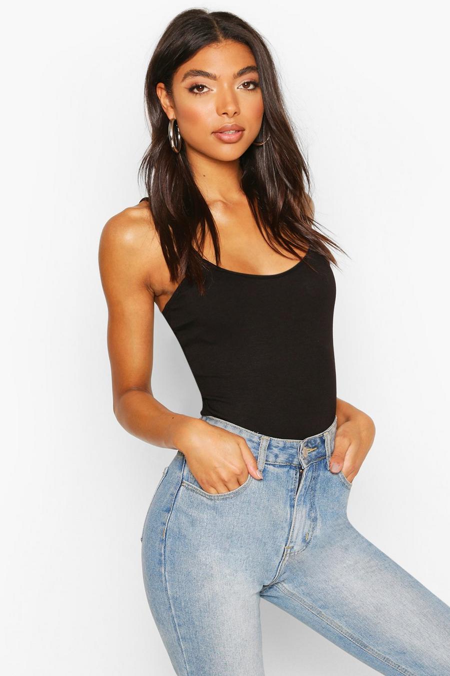Black Tall Basic Strappy Scoop Jersey Bodysuit image number 1