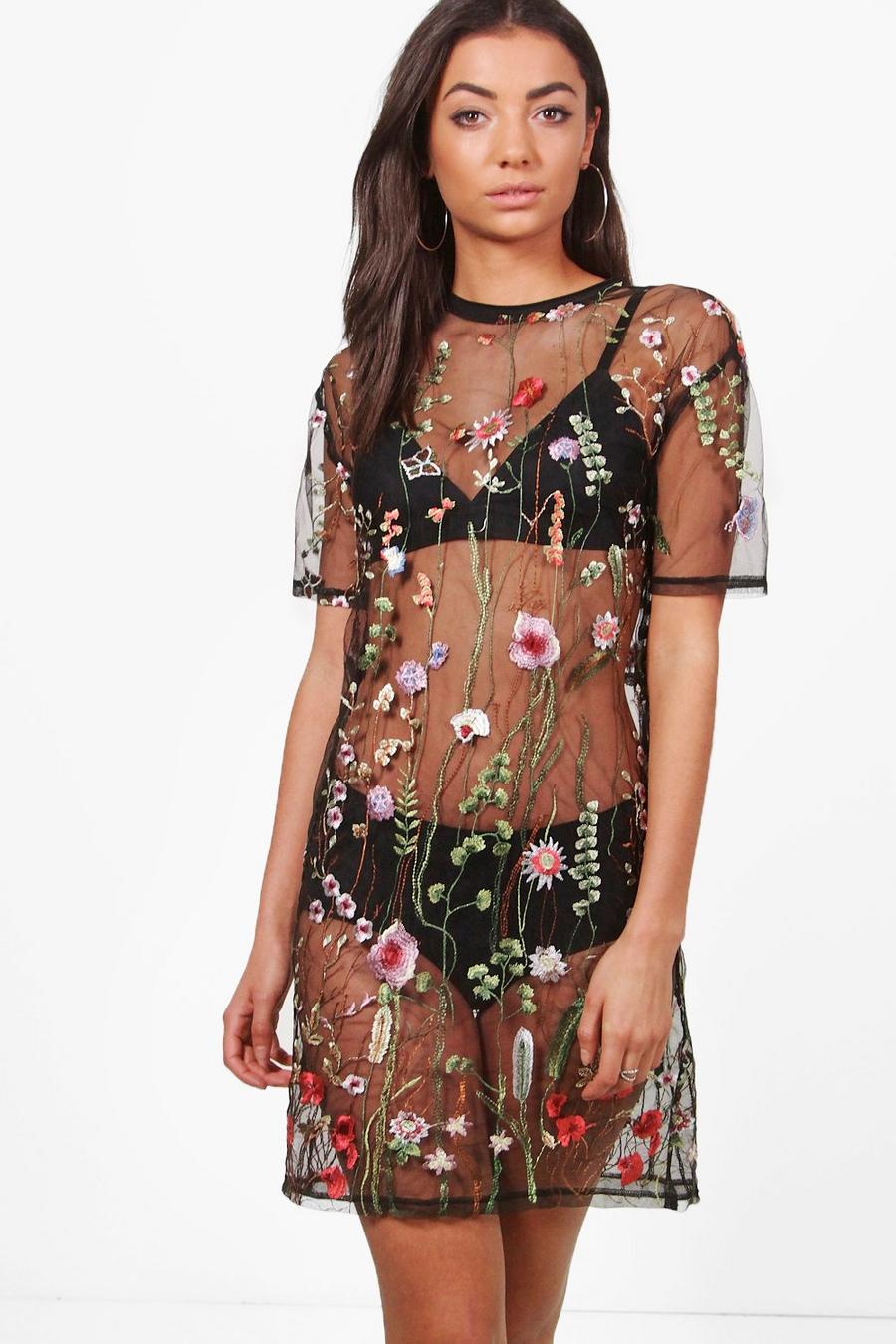 Black Tall Shay Sheer Embroidered Boxy Dress image number 1