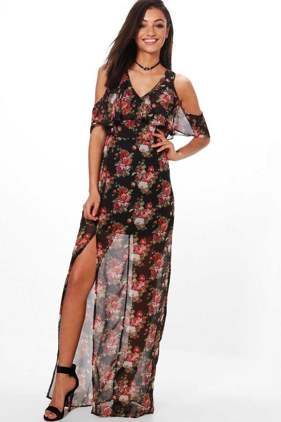 Women's Tall Theya Dark Floral Cold Shoulder Maxi Dress | Boohoo UK
