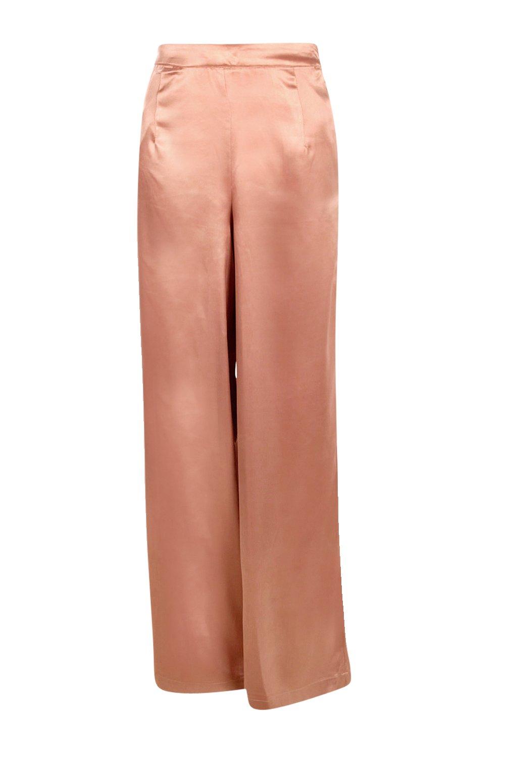Petite Dusty Pink Satin Wide Leg Trousers