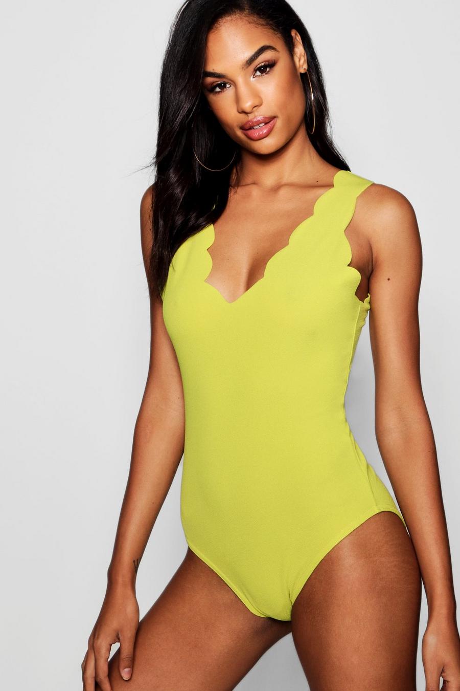Lime Tall Scallop Edge Plunge Textured Bodysuit image number 1