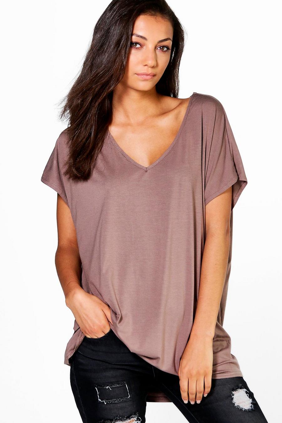 Mocha Tall Oversized Basic T-Shirt Met V-Hals image number 1