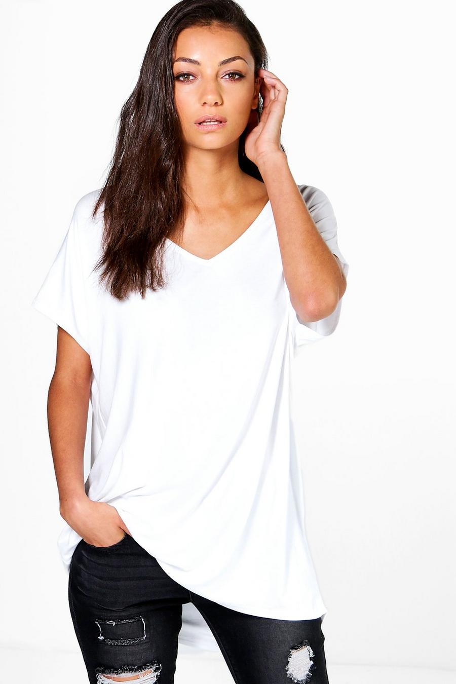 White Tall Oversized V Neck Basic T Shirt image number 1