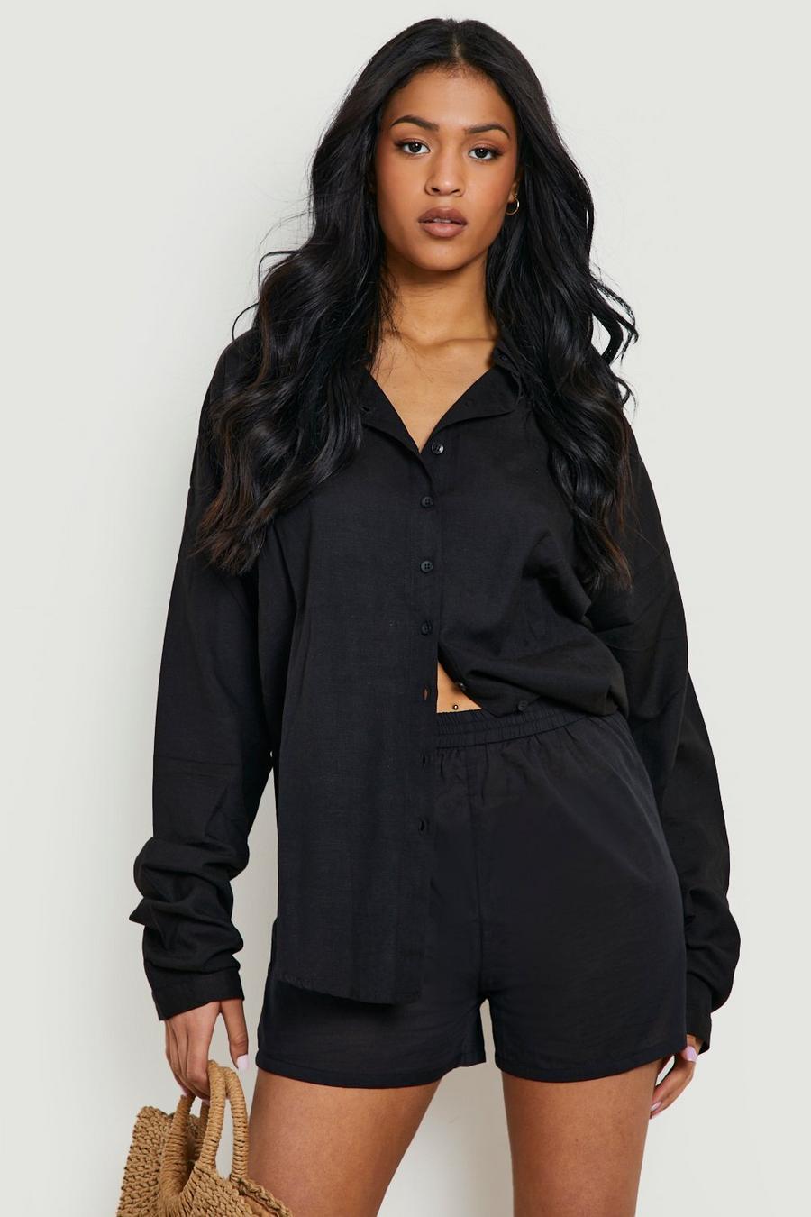 Camicia oversize Tall effetto lino, Black negro