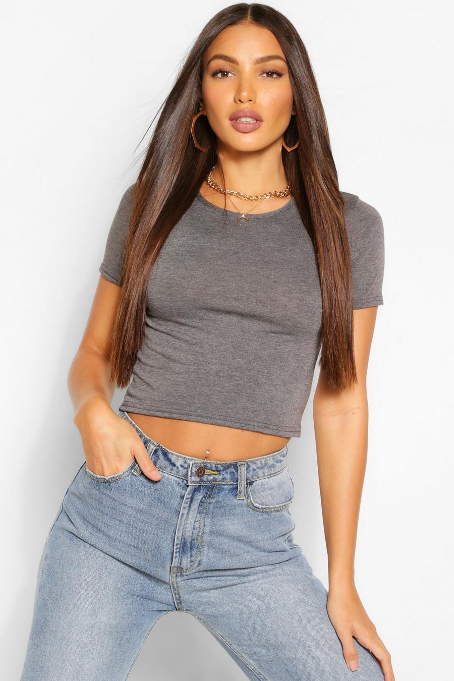 Charcoal Tall Basic Short Sleeve Crop Top image number 1
