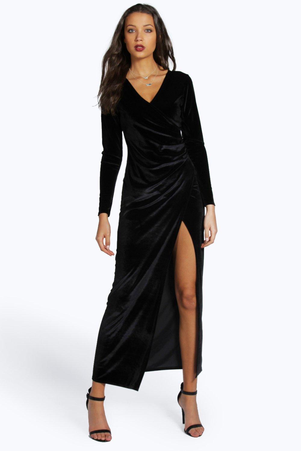black long sleeve maxi dress with side split