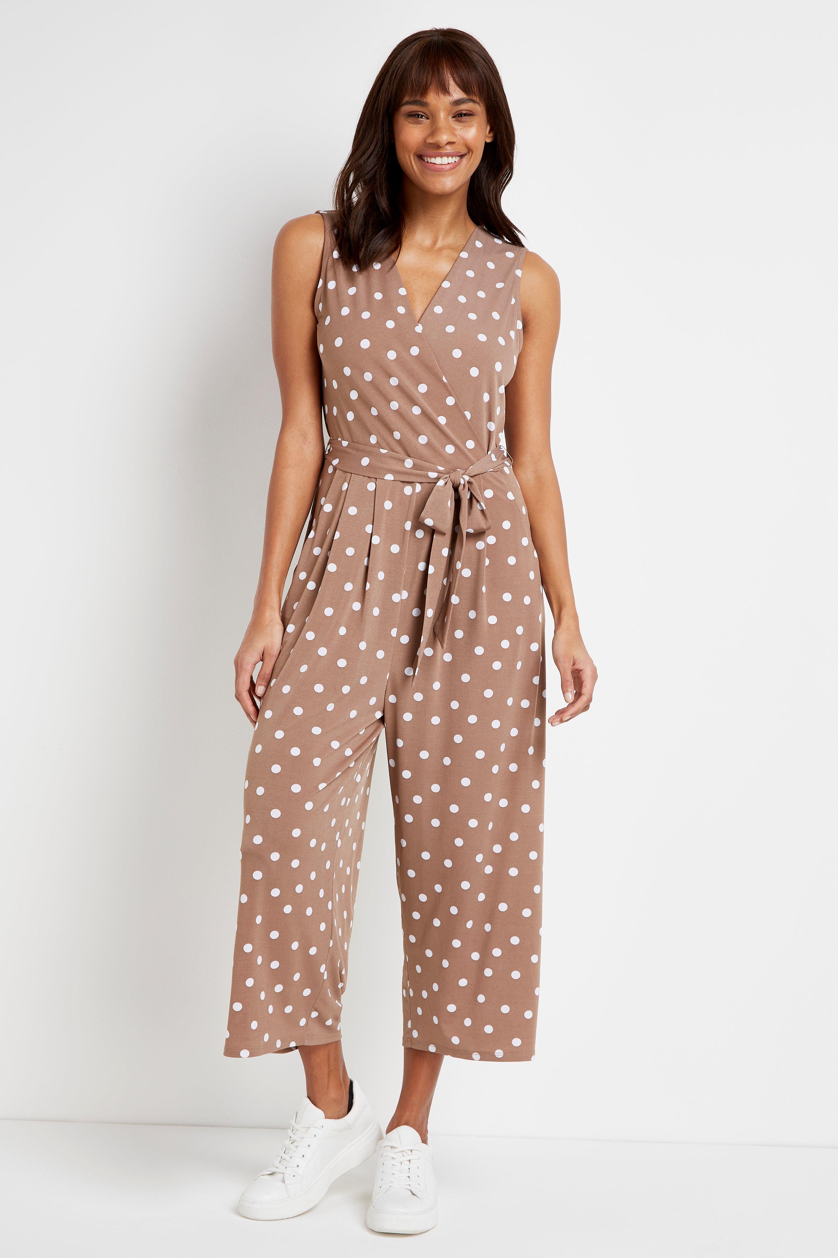 Jumpsuits | Taupe Polka Dot Wrap Jumpsuit | Wallis