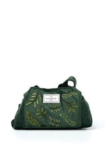 Drawstring Makeup Bag in Embroidered Leaves Green Velvet multi