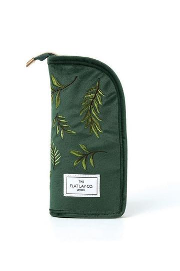 Brush Holder in Embroidered Leaves Green Velvet multi