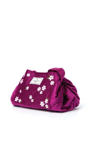 Drawstring Makeup Bag in Embroidered Daisy Plum Velvet multi