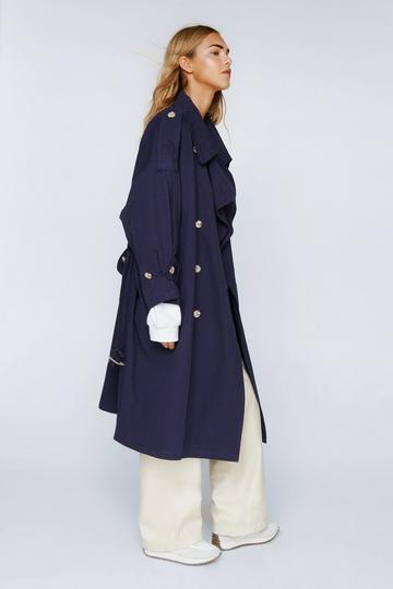 Navy Belted Oversized Double Breasted Trench Coat