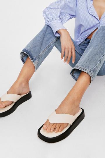 Cream White Faux Leather Platform Flip Flop Sandals