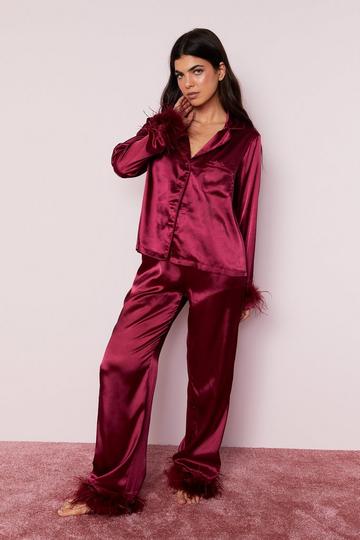 Burgundy Red Satin Feather Pajama Shirt and Pants Set