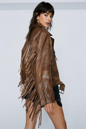 Brown Real Leather Belted Fringed Moto Jacket