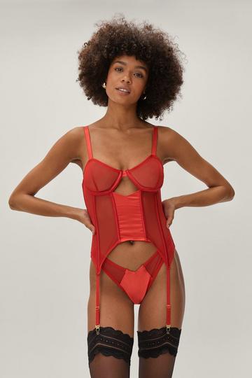 Red Mesh Longline Corset Bralette and Thong Set