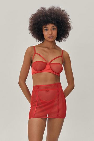 Red Mesh Underwire 3 Pc Lingerie and Suspender Set