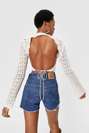 Crochet Knitted Open Back Tie Crop Top ecru