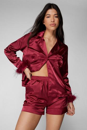 Burgundy Red Satin Feather Pajama Shirt and Shorts Set