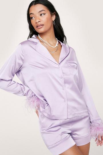 Lilac Purple Satin Feather Pajama Shirt and Shorts Set
