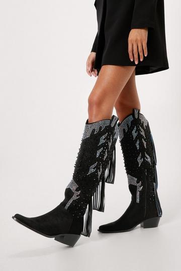 Studded Diamante Faux Suede Cowboy Boots black