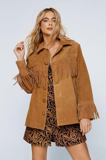 Brown Real Suede Oversized Fringe Jacket