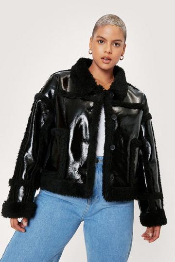Plus Size Patent Faux Leather Aviator Jacket black