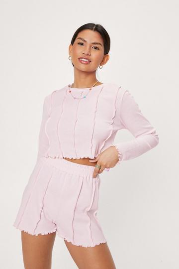 Ruffle Seam Detail Pyjama Top and Shorts Set pink