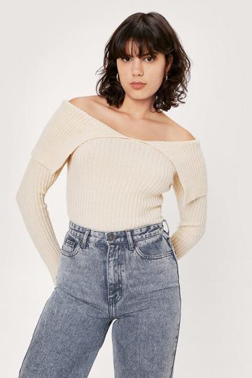 Bardot Fold Over Ribbed Fitted Sweater stone