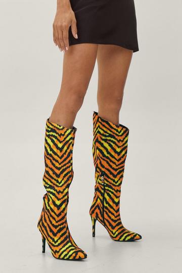 Yellow Animal Print Slanted Knee High Boots