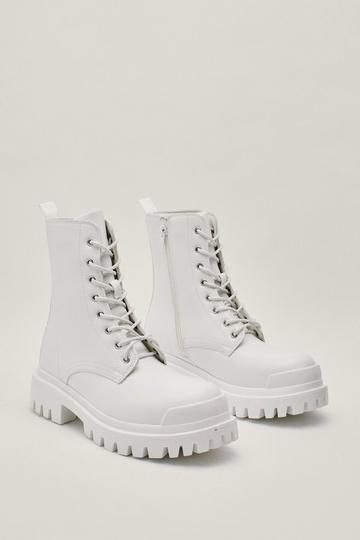 White Faux Leather Cleated Biker Boots