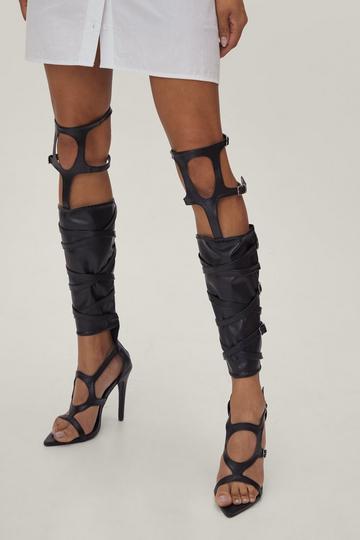 Black Knee High Buckle Strappy Pointed Heels