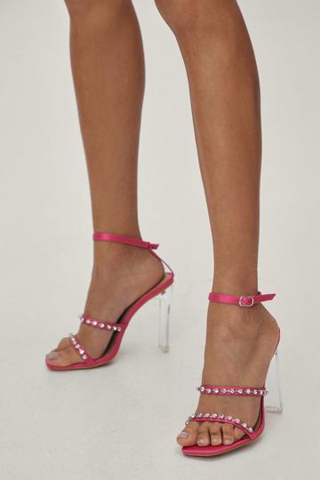 Diamante Embellished Clear Block Heel Sandals hot pink
