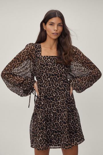 Batwing Leopard Print Mini Smock Dress brown