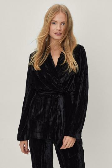 Black Velvet Wrap Waist Suit Blazer