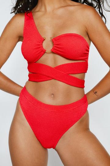 Red Crinkle Ring One Shoulder Tie Up Bikini Set