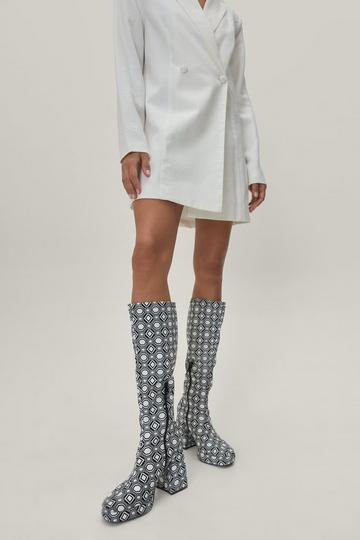 Black Geometric Print Platform Knee High Boots