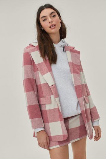 Oversized Check Print Faux Wool Single Breasted Blazer pink