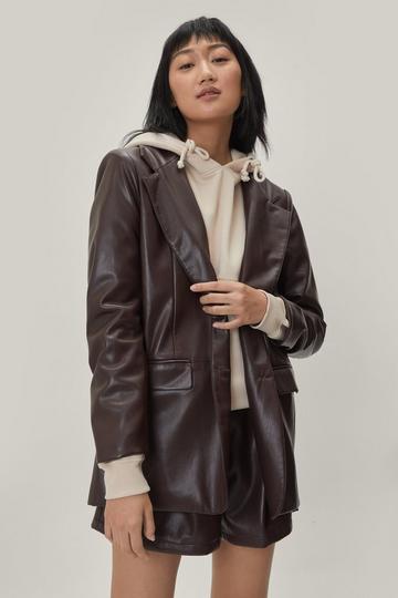 Brown Faux Leather Tailored Single Breasted Blazer