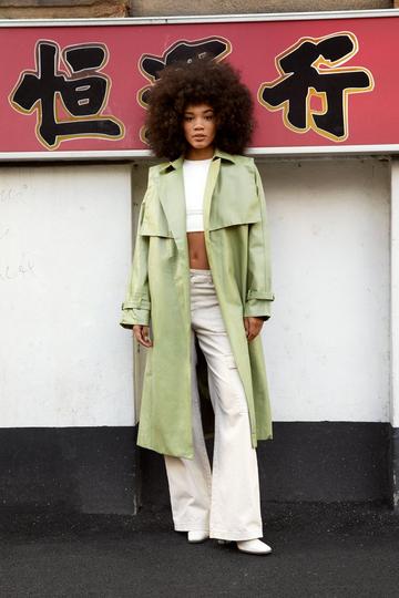 Green Belted Faux Leather Trench Coat