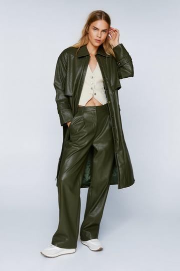 Green Pocket Detail Faux Leather Trench Coat